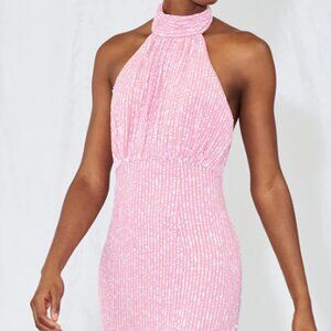 Saylor Audie Sequin High Neck Leg Split Maxi Dress Pink
